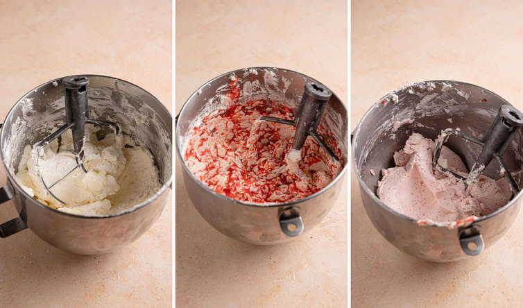 Step by step photos of adding the butter and strawberry to the strawberry meringue buttercream frosting.