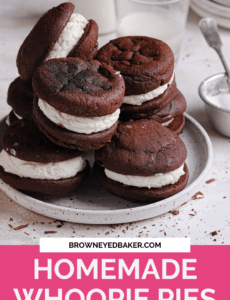 A white plate of whoopie pies with a pink rectangle at the bottom with the words Homemade Whoopie Pies at the bottom.