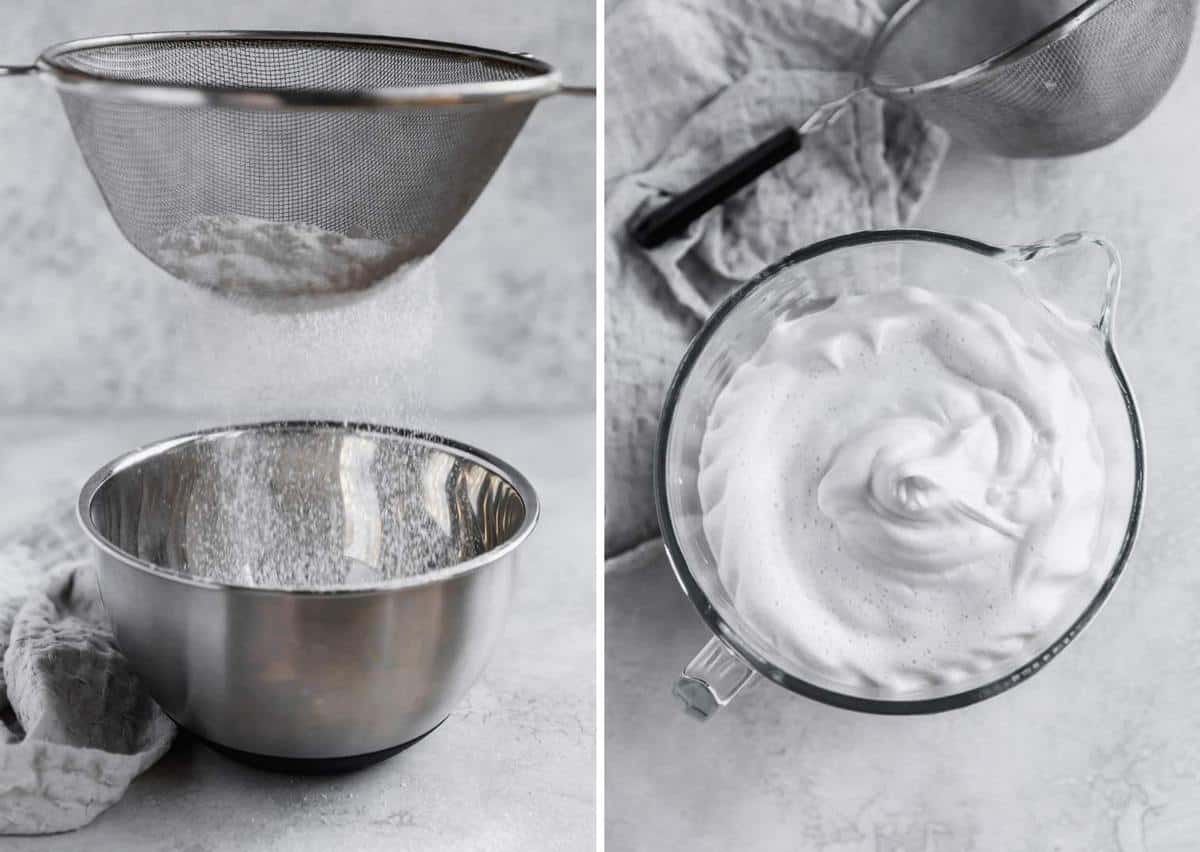 Side by side photos of sifting flour into a bowl and whipped egg whites.