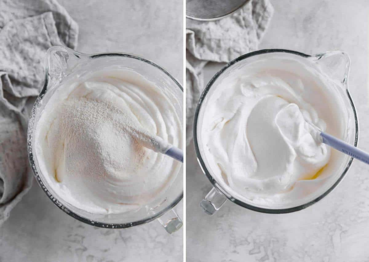Flour being folded into whipped egg whites in a glass bowl.
