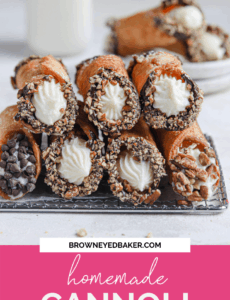 Two rows of cannoli stacked one on top of the other with a pink rectangle at the bottom that says Homemade Cannoli at the bottom.