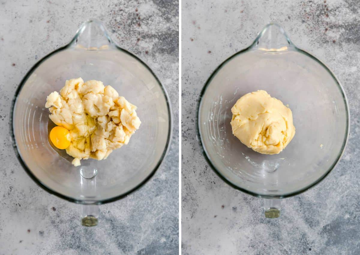 Two side by side photos of the choux pastry in a glass mixing bowl on the left with an un-mixed egg and on the right after the egg has been mixed in.