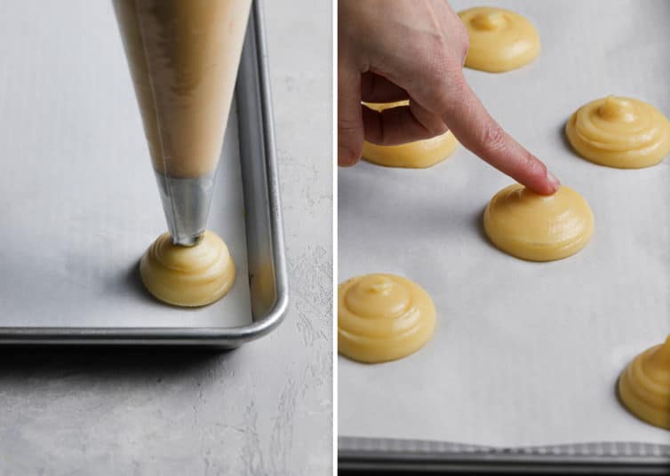 Side by side photos of the steps to pipe and pat down the cream puff dough.