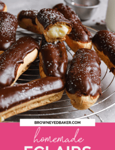 A wire rack with homemade eclairs topped with chocolate and a pink rectangle at the bottom that says homemade eclairs.