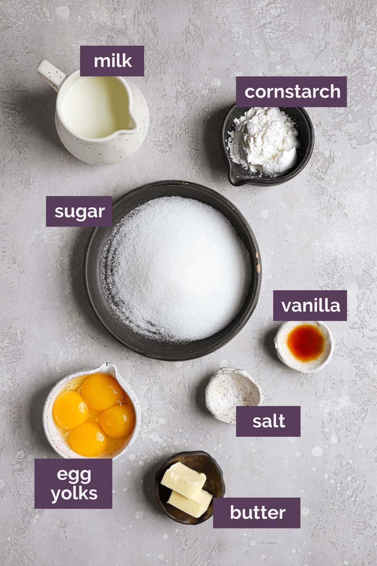 A grey counter with the ingredients for pastry cream and purple labels telling what the ingredients are.