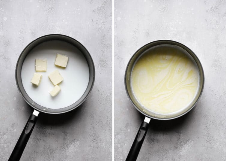 Melting milk and butter in a saucepan.