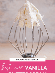A wire whisk with vanilla buttercream at the top of the whisk and the words best ever vanilla buttercream in a pink box at the bottom.
