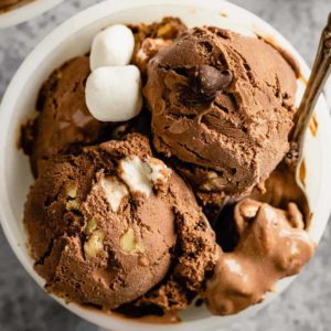 A white bowl with two scoops on top of rocky road ice cream and a silver spoon in the right side of the bowl.