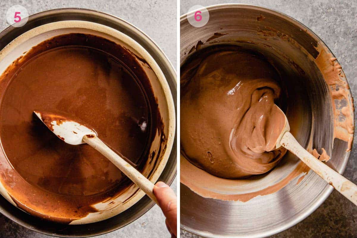 Side by side photos of chilling the chocolate mixture over an ice bath then cooling in the refrigerator.