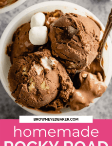 A white bowl of rocky road ice cream with a silver spoon on the right side of the bowl with a pink rectangle at the bottom and the words homemade rocky road at the bottom in white.