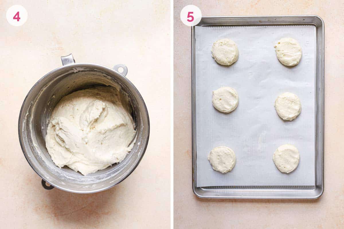 Two side by side photos showing the cookie dough in a mixing bowl on the left and the cookies on a parchment paper lined cookie sheet on the right.