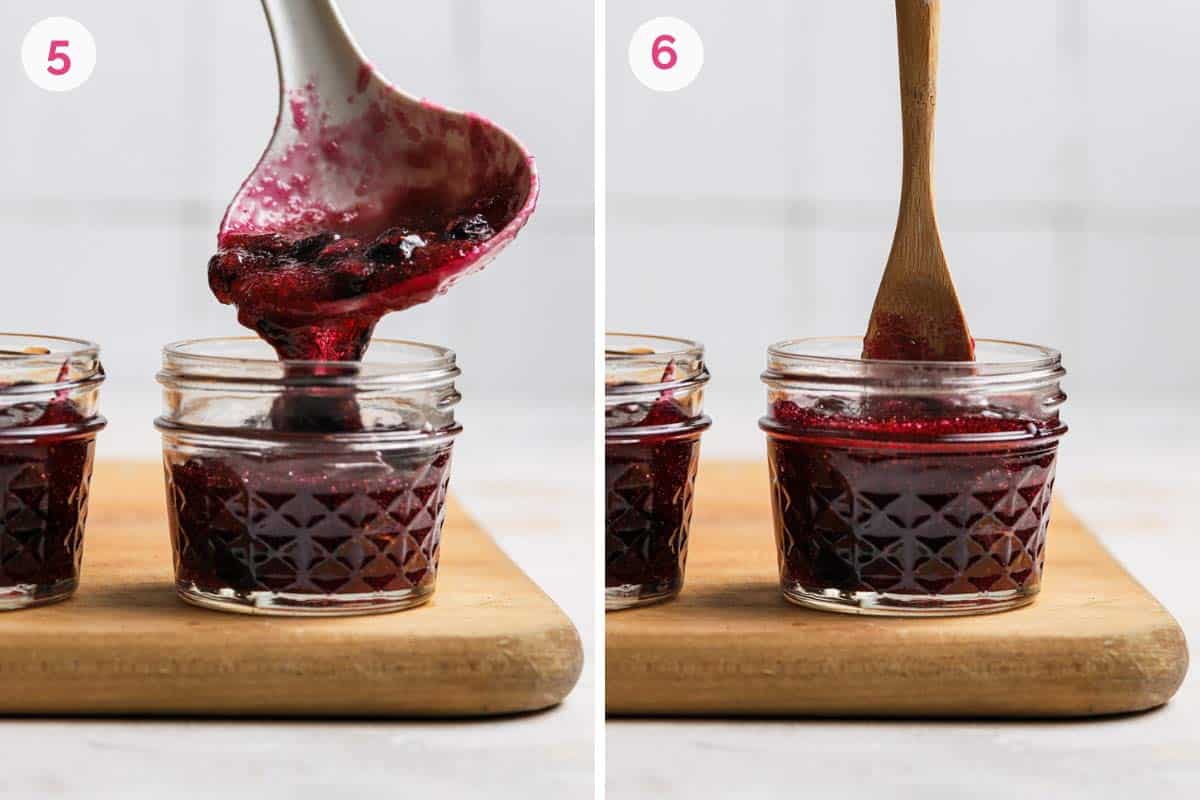 Side by side photos of how to fill the jars with blueberry jam.