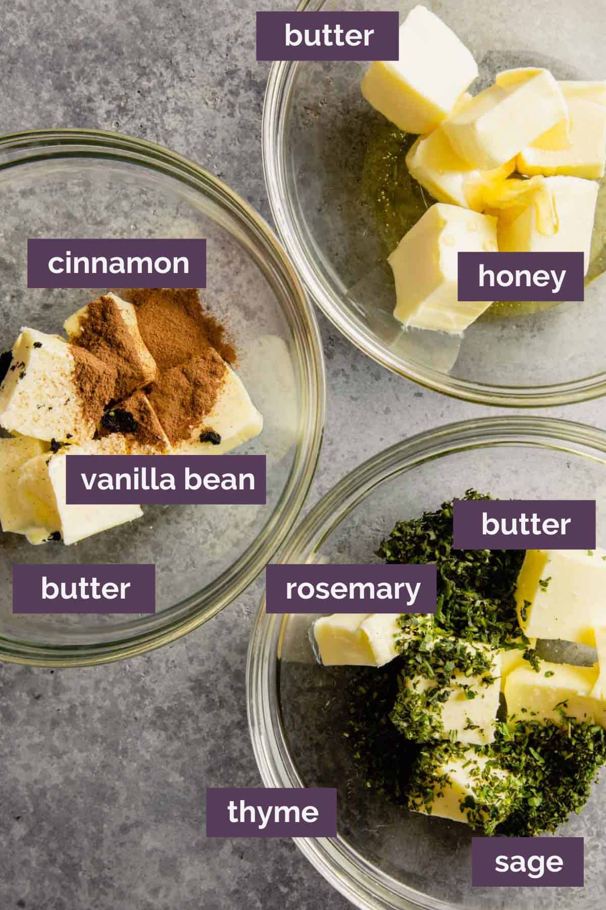 Three bowls with the ingredients for the three different compound butters.