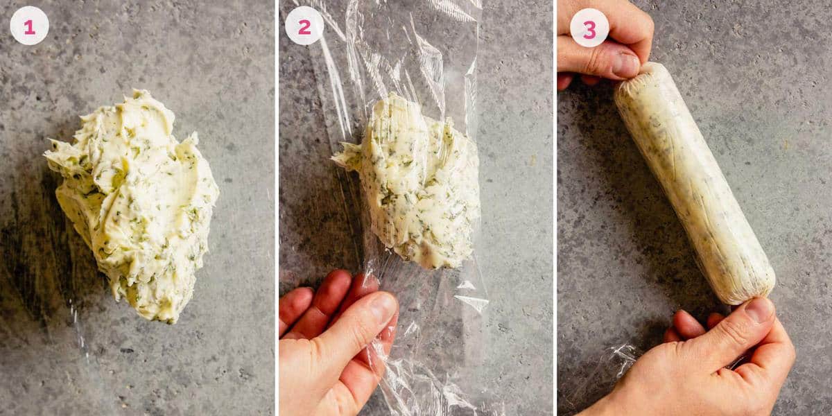 Three side by side photos of how to roll up compound butter with garlic and herbs.