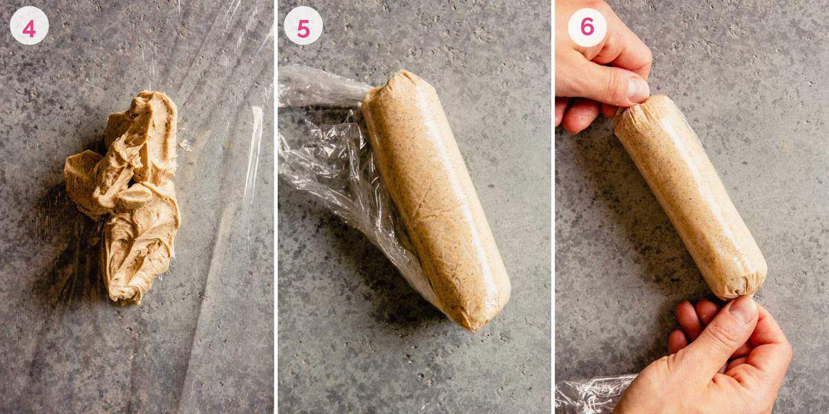 Three side by side pictures of how to roll up cinnamon compound butter.