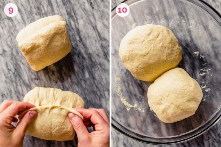 How to pinch the dough ball and a glass bowl with dough rising.