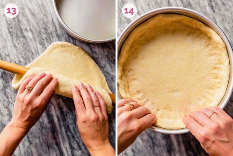 Two hands rolling the dough loosely on a rolling pin on the left and two hands pinching the dough into a baking dish to the right.