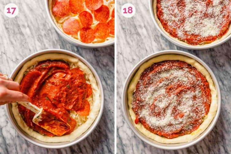 A hand spreading the sauce on the left and a chicago-style deep dish pizza on the right before baking.