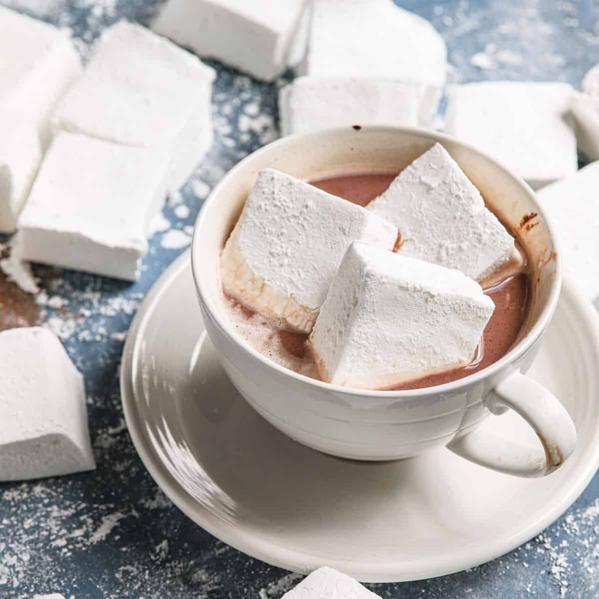 A close up of the white mug and saucer of hot chocolate with three marshmallows on top.