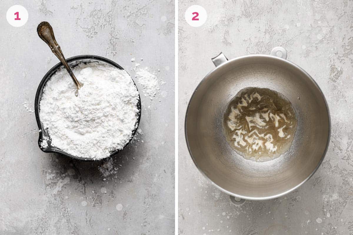 Side by side images of the steps for making marshmallows. The left photo shows the number 1 with powdered sugar and cornstarch mixed in bowl with a spoon. The photo on the right shows the number 2 with a mixing bowl filled with water and gelatin.