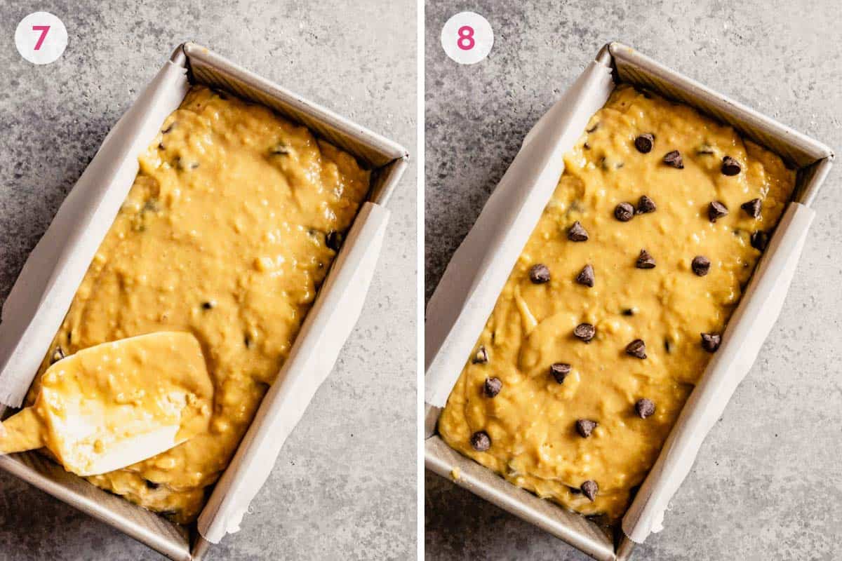Smoothing banana bread batter into a loaf pan.
