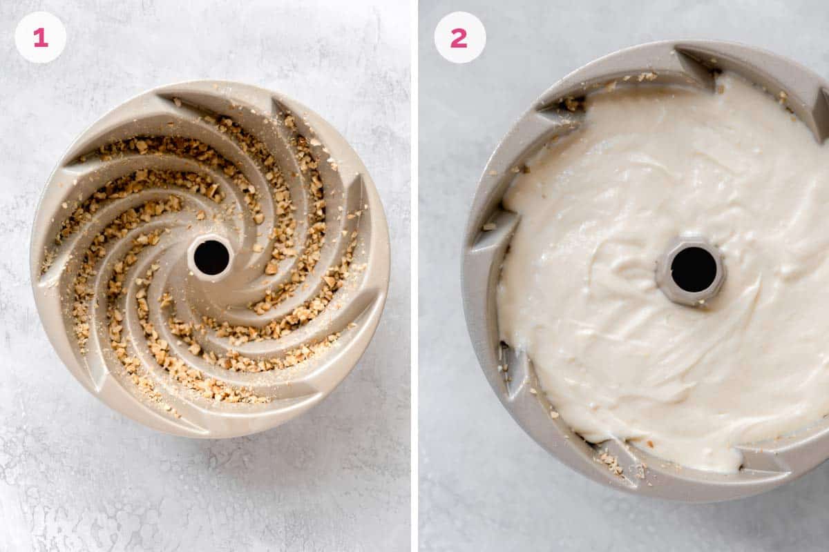 A bundt pan on the left with the nut topping in the grooves and the number 1 with a bundt pan on the right filled with the rum cake batter and the number two in the corner.