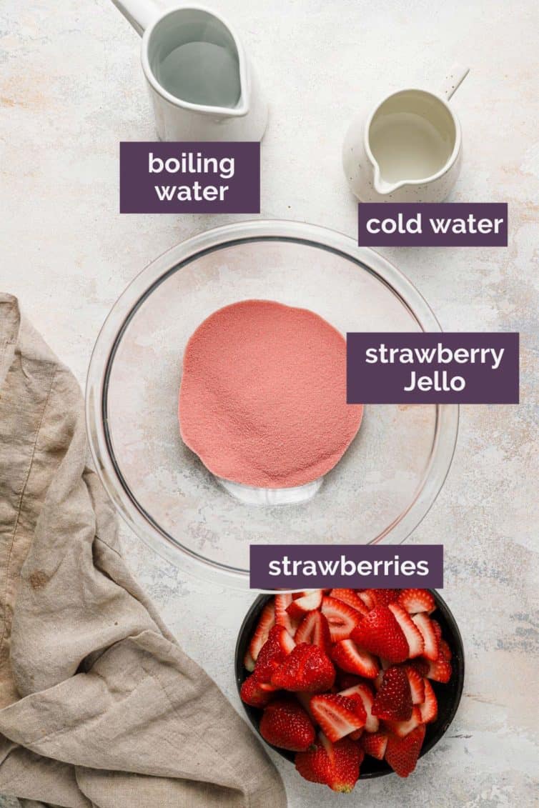 Strawberry jello filling ingredients labeled with purple labels showing the ingredients.