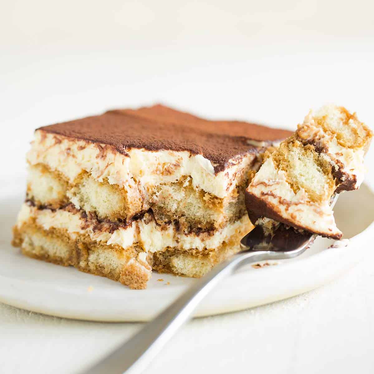 A white rimmed plate with a square slice of tiramisu from the side to show the individual layers and a fork with a bite of tiramisu to the right.