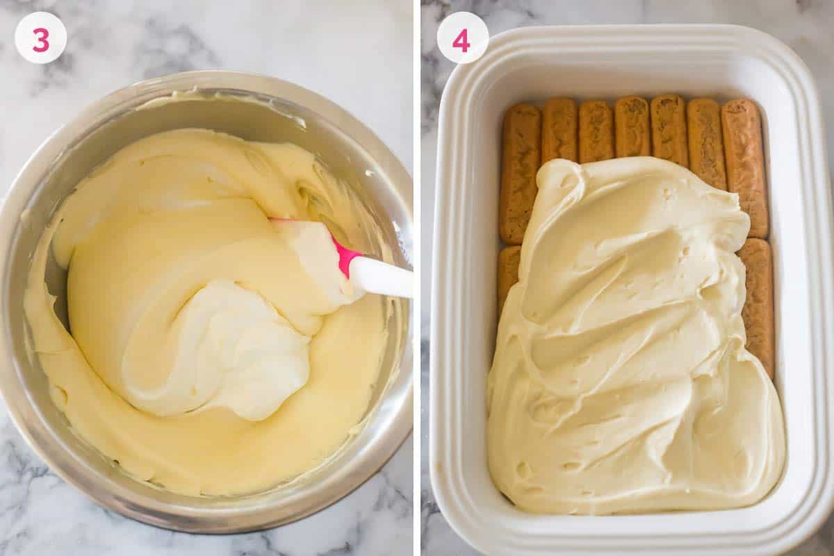 Two side by side photos. The one on the left shows a bowl with the mascarpone mixture and a spatula and the number 3. The one on the right shows the number 4 and a baking dish with a layer of ladyfingers topped with the mascarpone mixture.