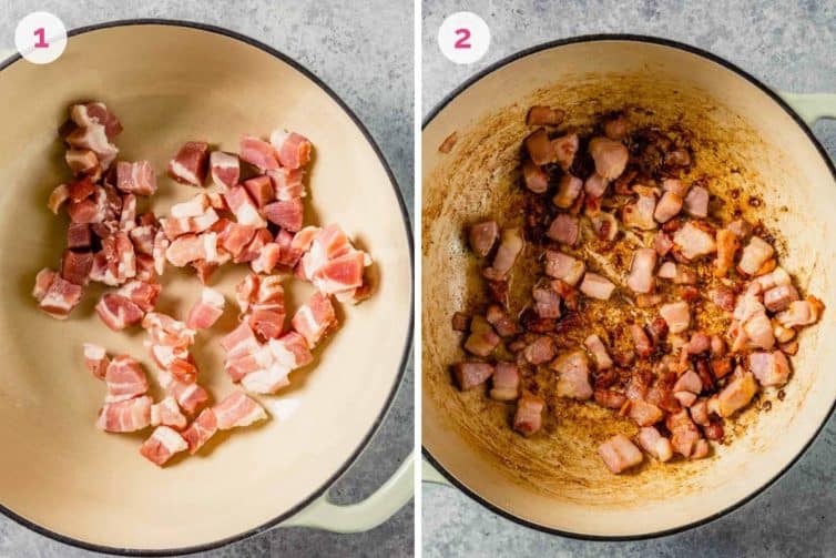 Two side by side photos of a white dutch oven with raw bacon on the left and cooked bacon on the right.