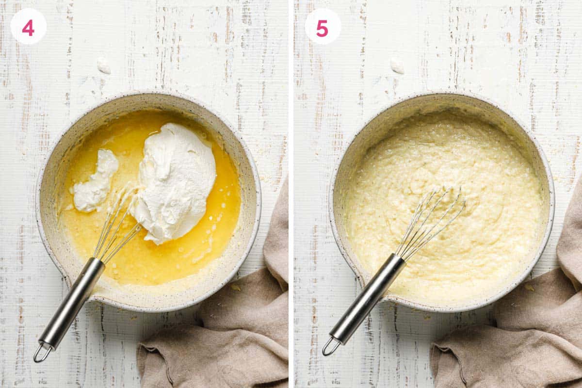 Two side by side photos of bowls with dry and liquid ingredients for making cornbread muffins.