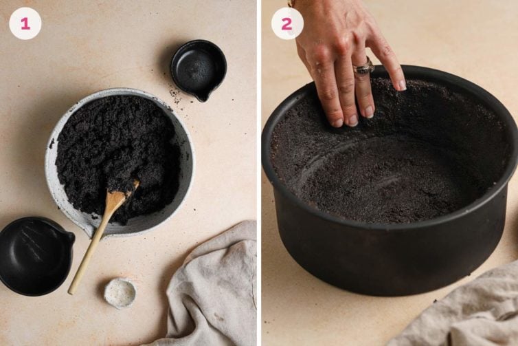 step-by-step photos showing how to make the oreo crust