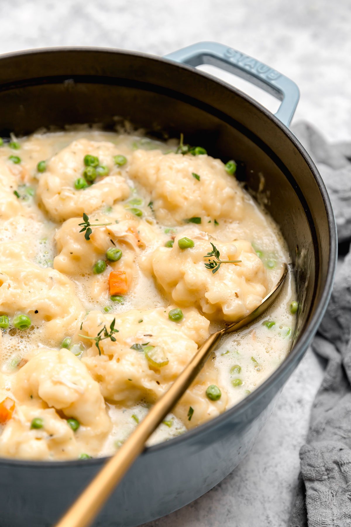 A pot of chicken and dumplings with a long spoon scooping a dumpling.