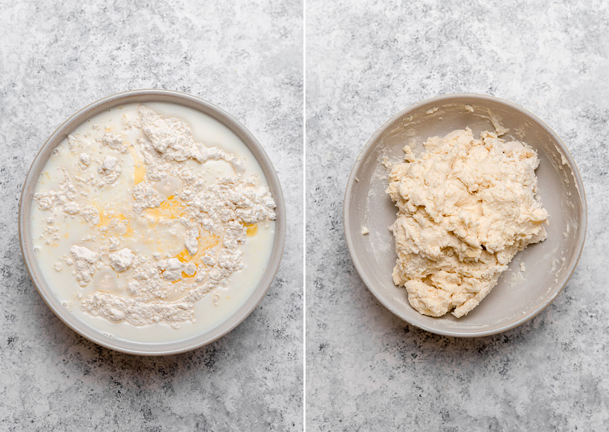 Side by side photos of mixing together dough for dumplings.