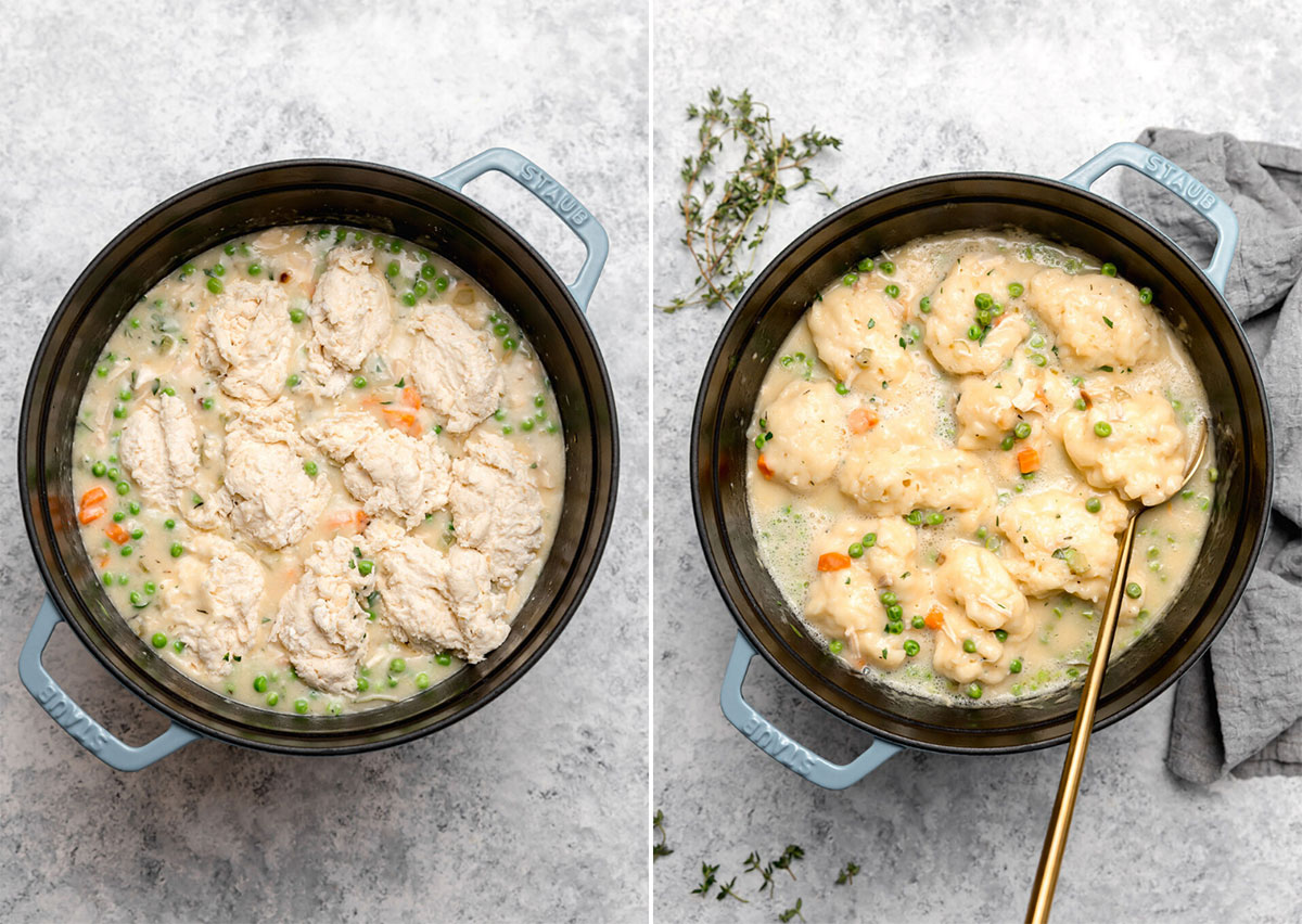 Overhead photos of pots of chicken and dumplings before and after the dumplings are cooked.