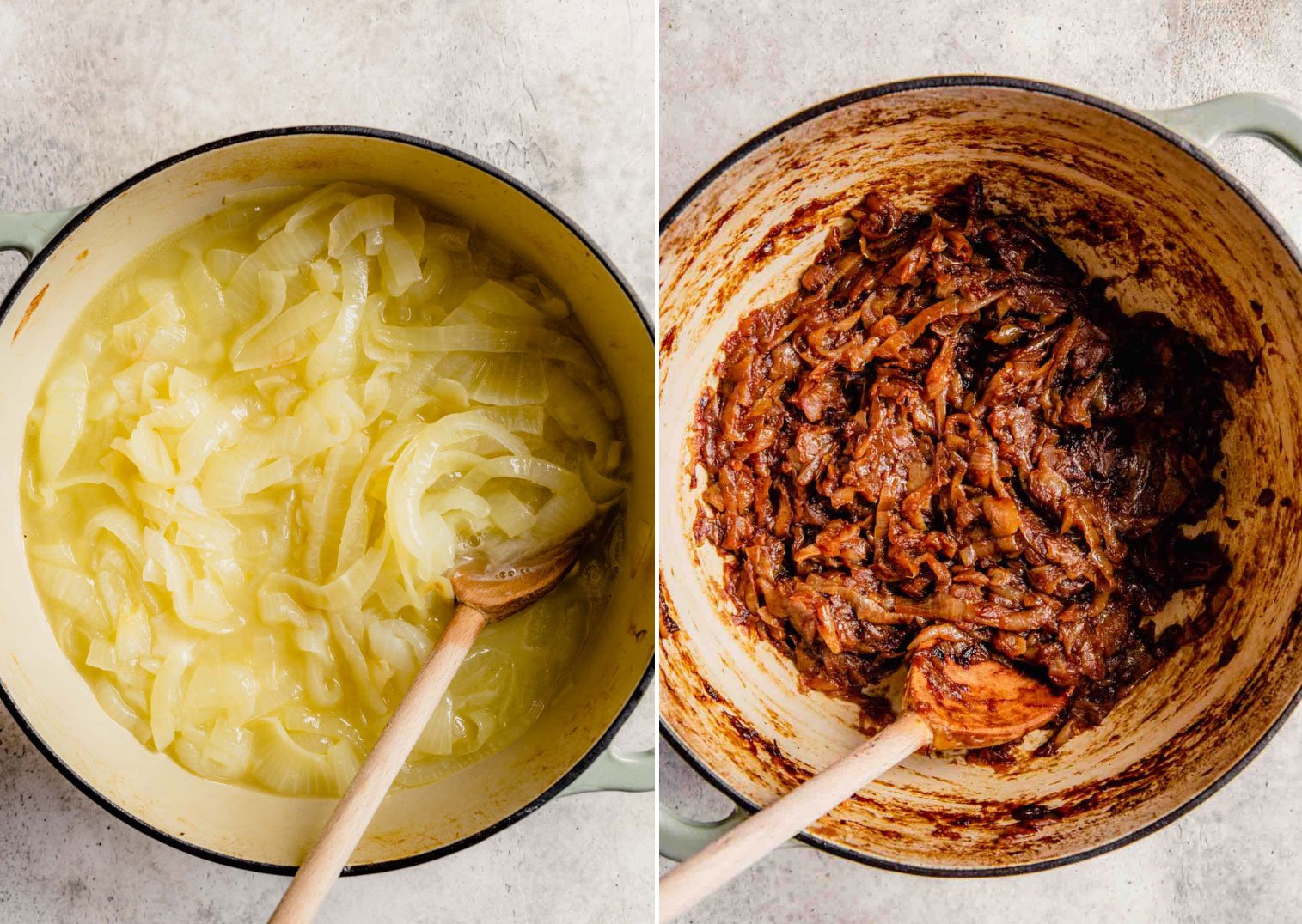 Step by step photos of braised onions in a pot.