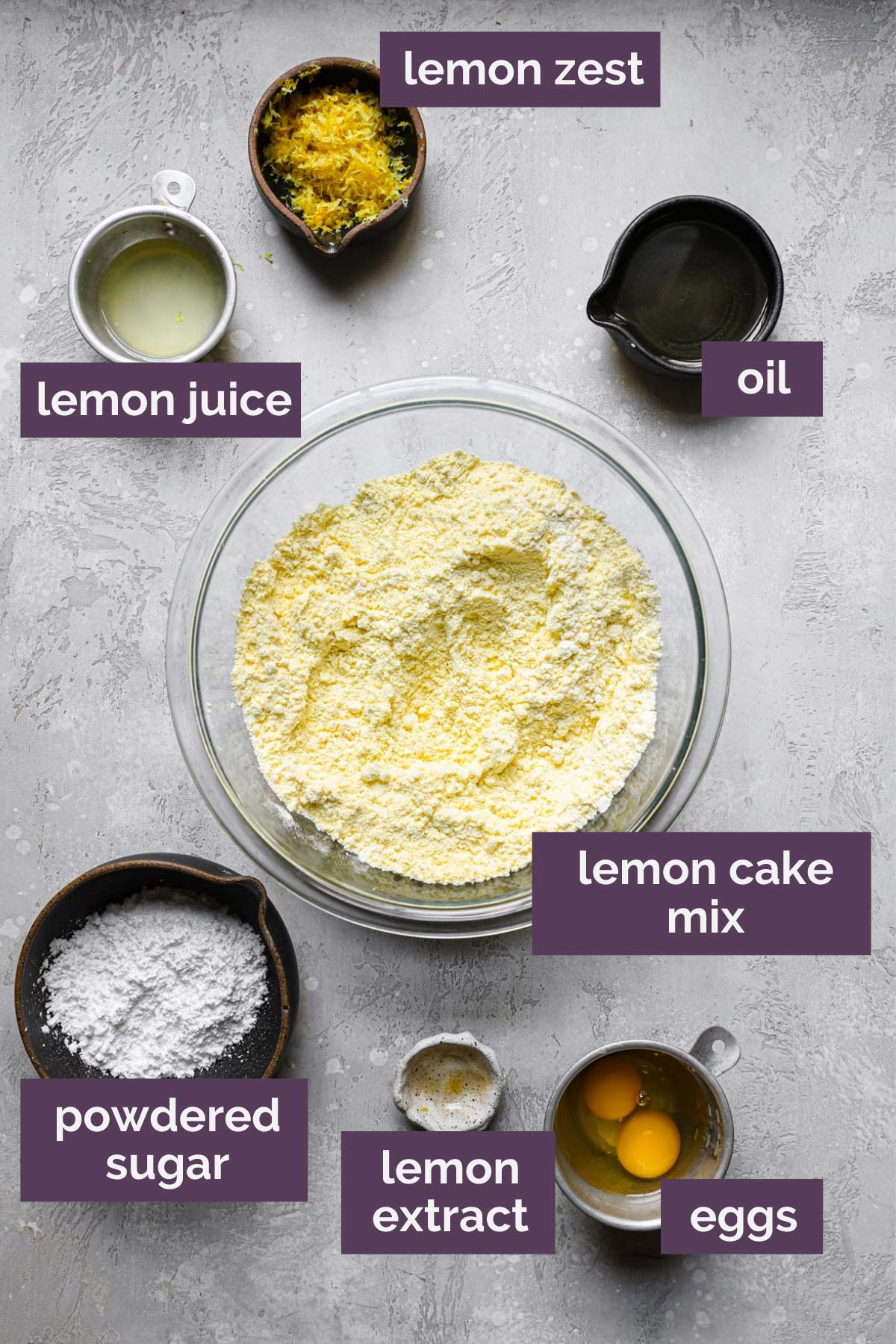 an overhead shot of the ingredients needed to make these lemon burst cookies with each ingredient labeled