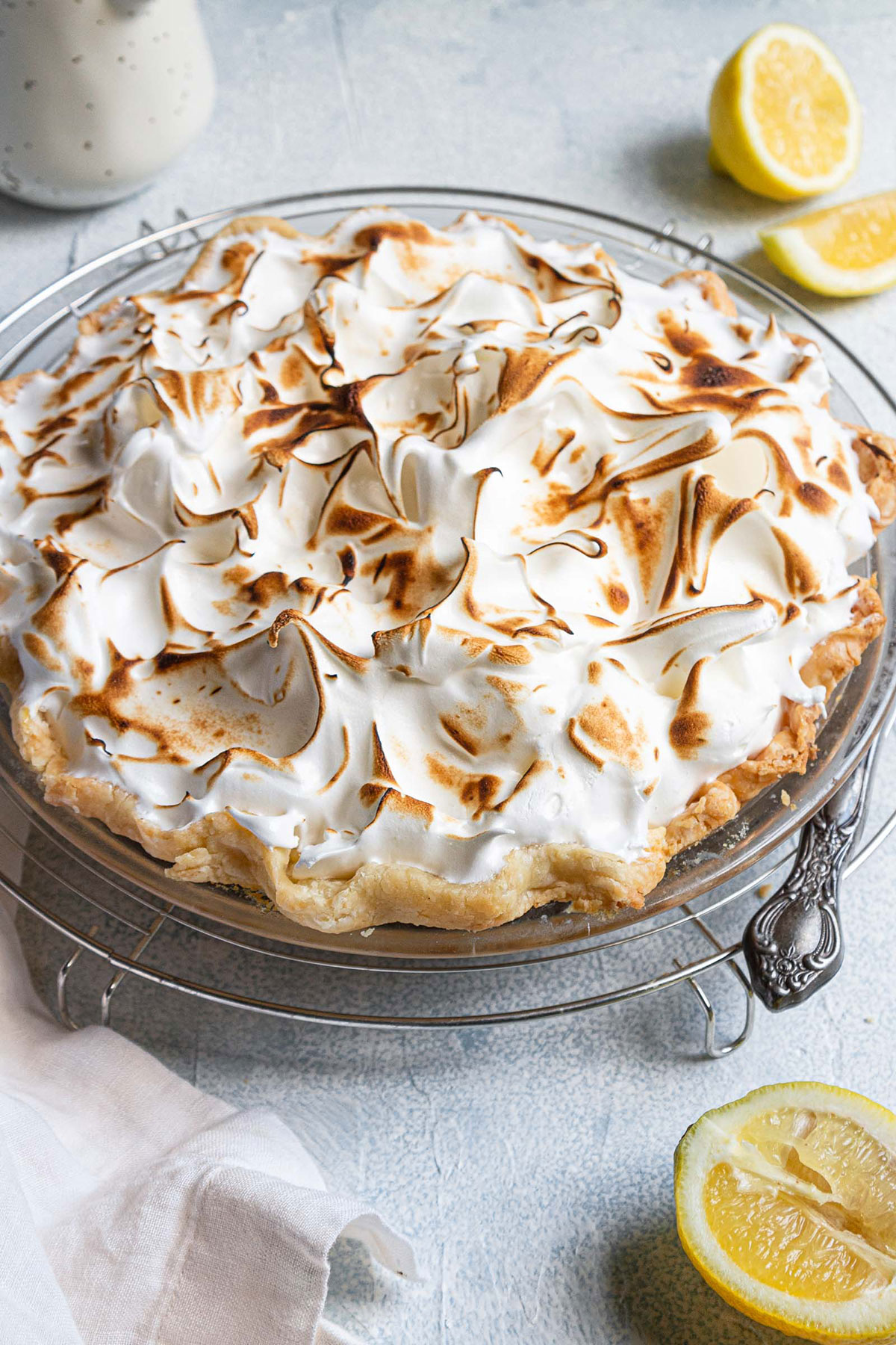 Lemon Meringue Pie with browned meringue on top.