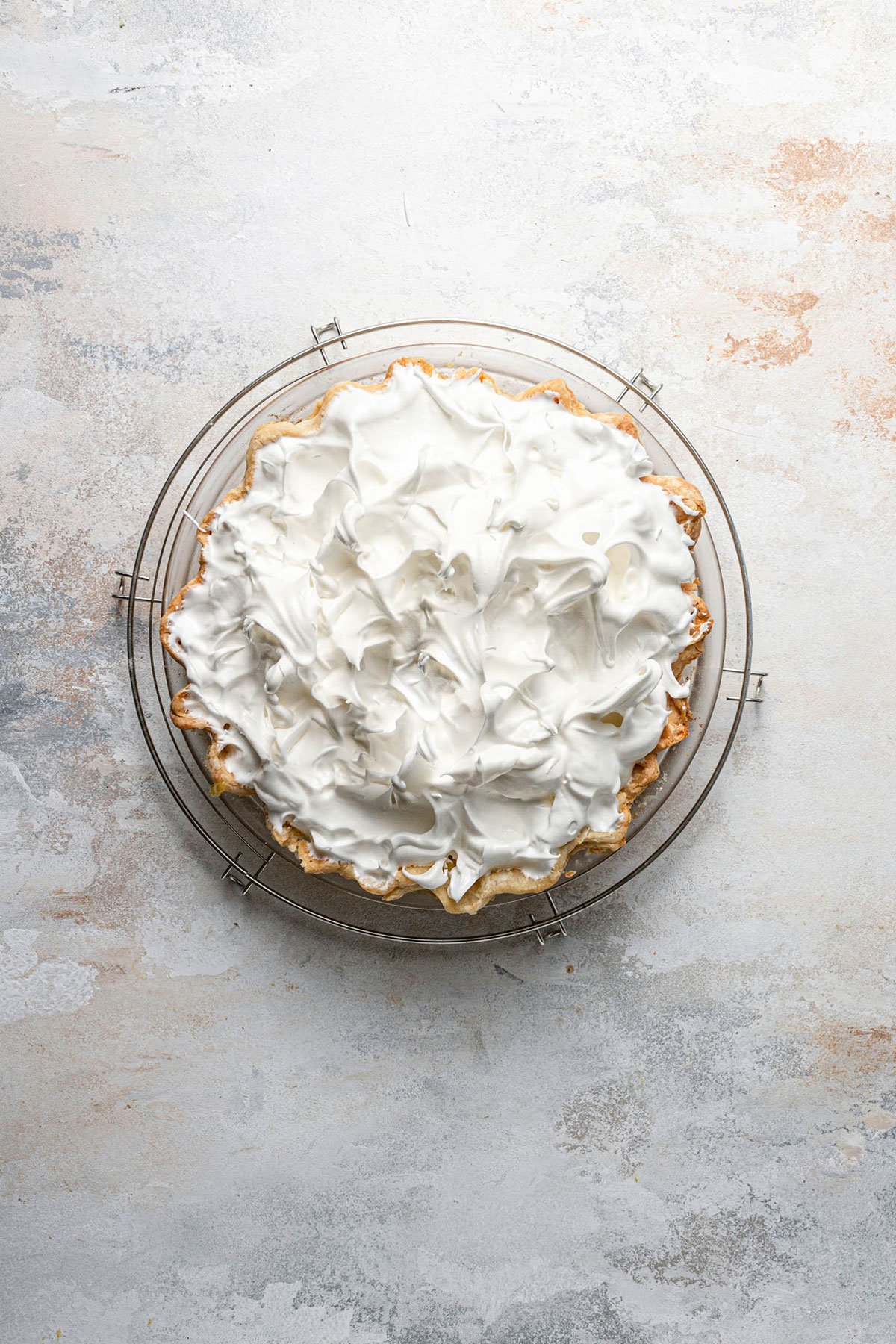Meringue on top of a lemon meringue pie.