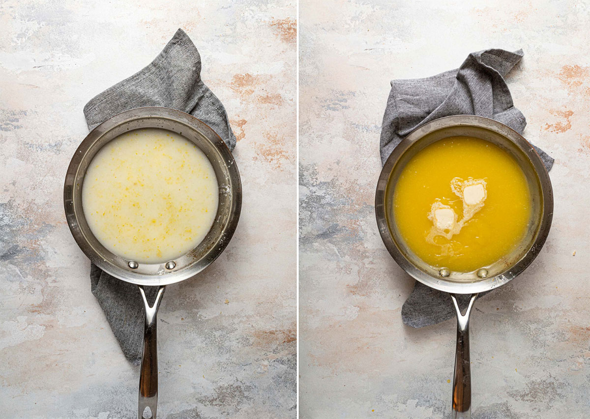 Collage of 2 images cooking the lemon filling for lemon meringue pie.