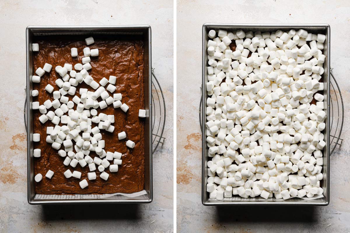 Making the marshmallow cream layer for these marshmallow crunch brownie bars