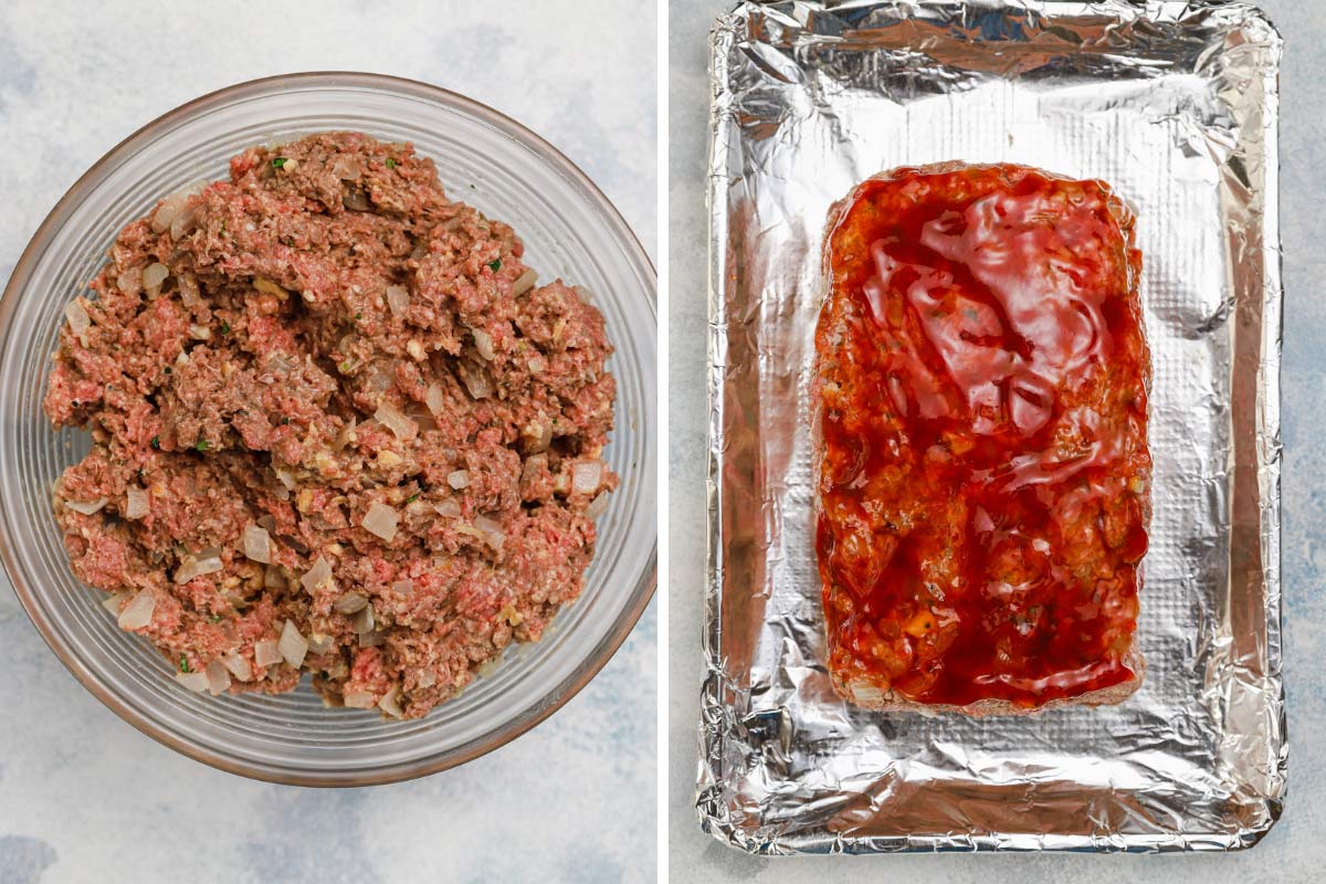 Collage of 2 images showing meatloaf mixture in a glass bowl and shaped meatloaf topped with glaze on an aluminum foil lined baking sheet before baking.