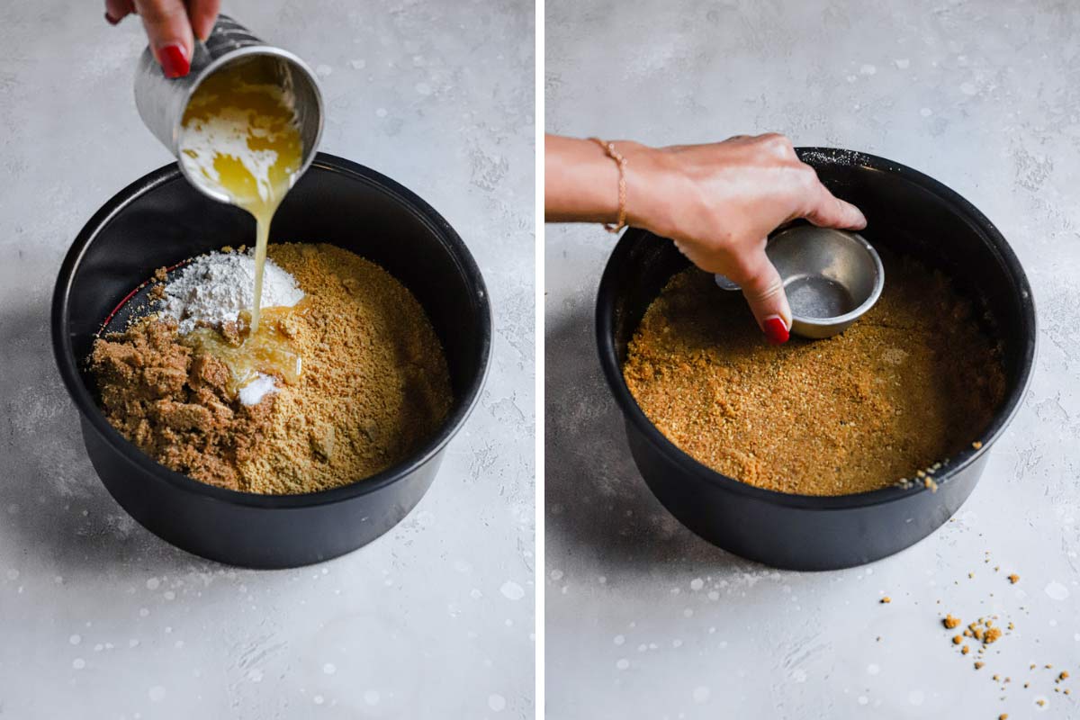 Collage of 2 images showing steps for graham cracker crust including using a measuring cup to press the crust into the pan.