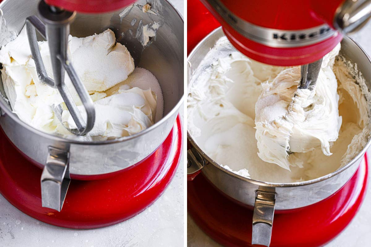 Collage of 2 images of New York cheesecake filling in a stand mixer bowl.