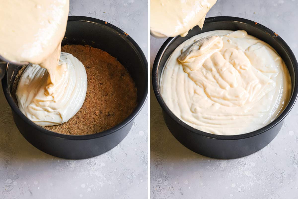 Collage of 2 images showing cheesecake filling being poured onto baked graham cracker crust in a springform pan.