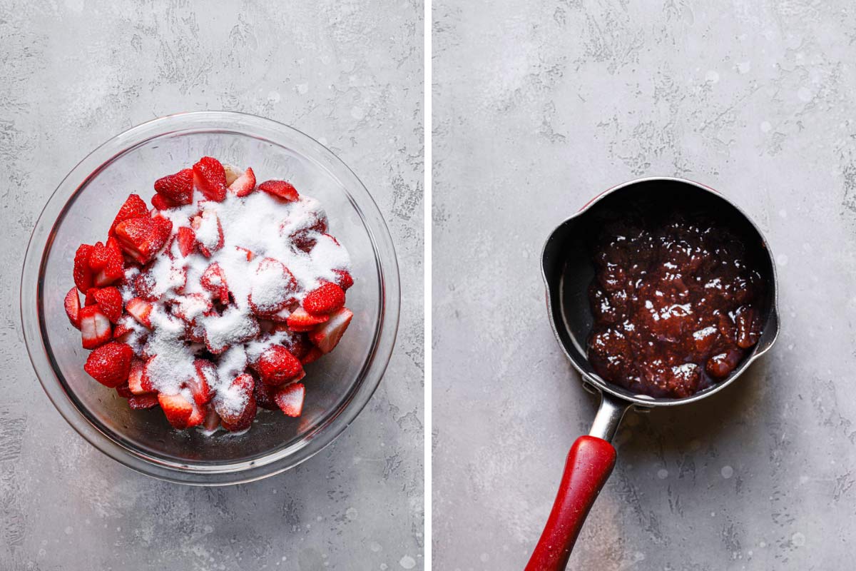 Collage of 2 images showing strawberry sauce ingredients in a glass bowl and cooked strawberry sauce in a saucepan.