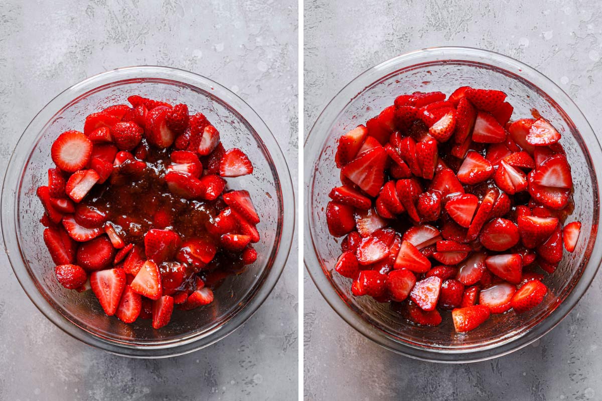 Collage of 2 images showing fresh strawberry sauce.