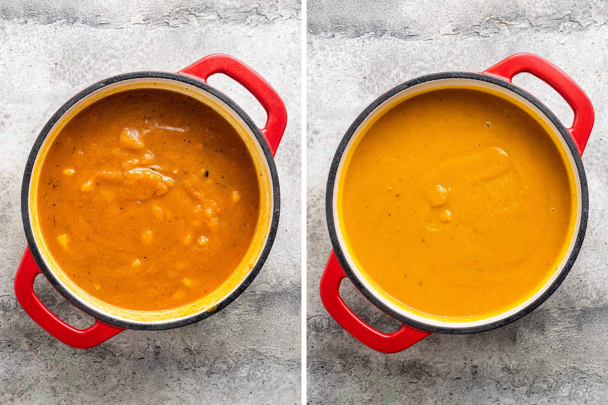 Pumpkin soup in a red Dutch oven before and after being blended with an immersion blender.
