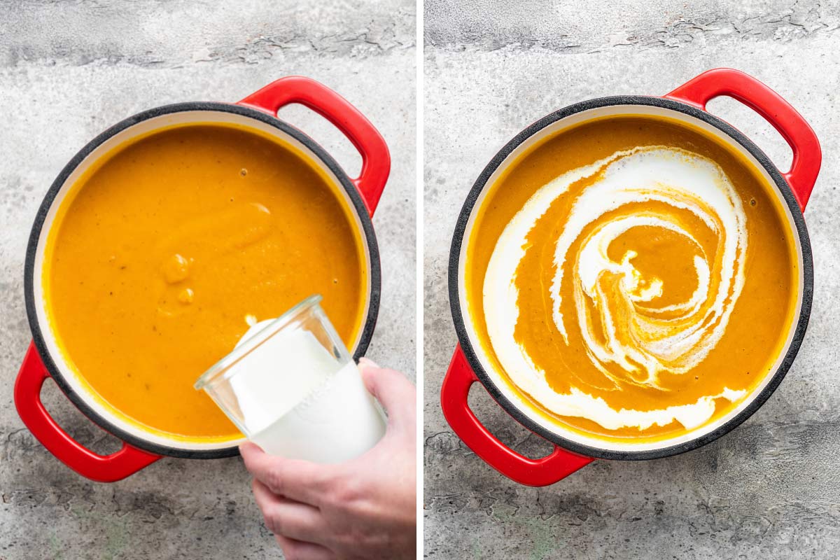 Heavy cream being poured and stirred into a pot of pumpkin soup.