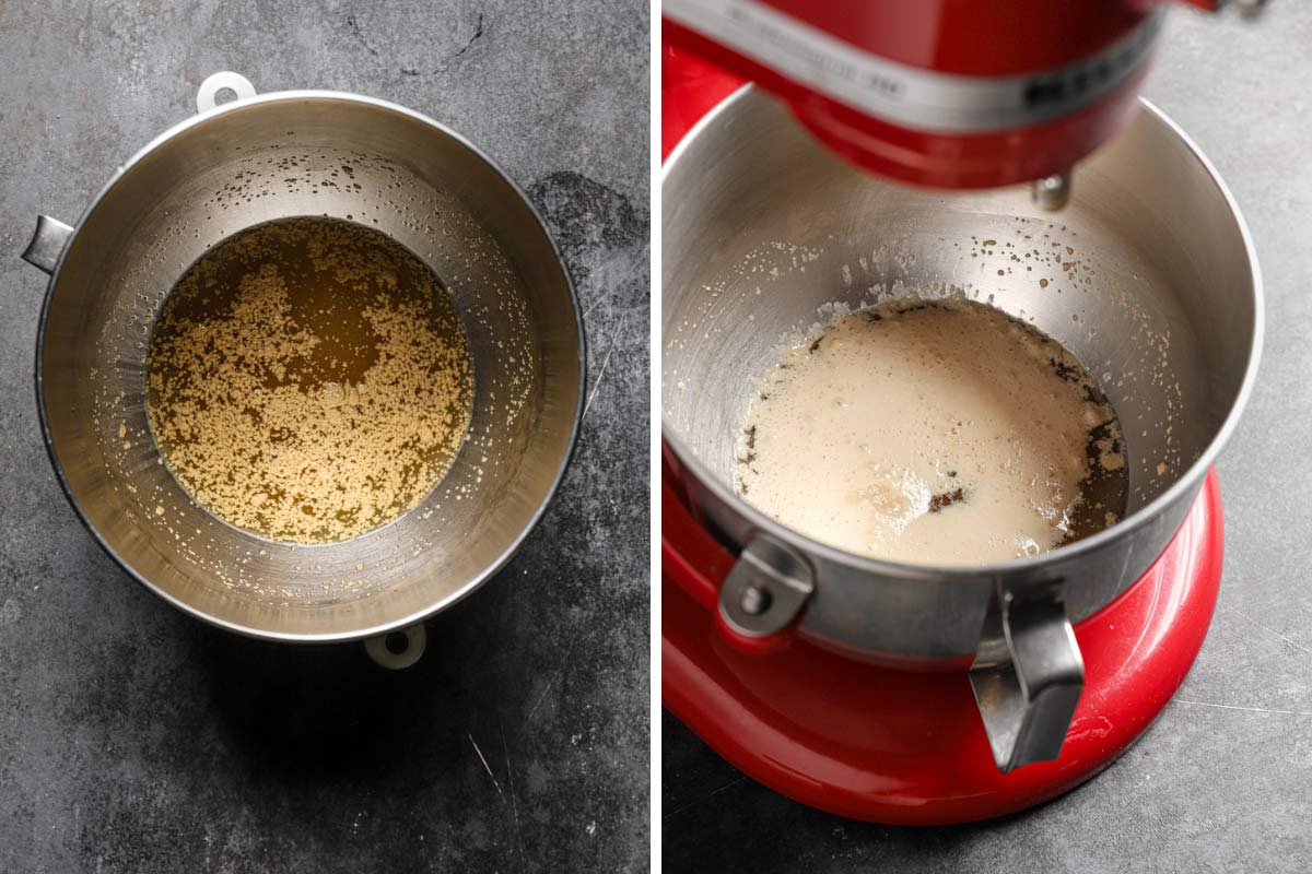 Side by side photos of yeast and ingredients for soft pretzel dough in a mixing bowl